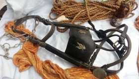 Anteojeras para caballería. Correas de cuero. Origen alemán. Atrezzo ganadería.