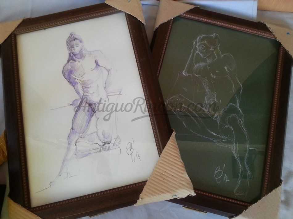 Desnudos masculinos. Ellos II. Firmados. Tinta y grafito. Atrezzo en alquiler.