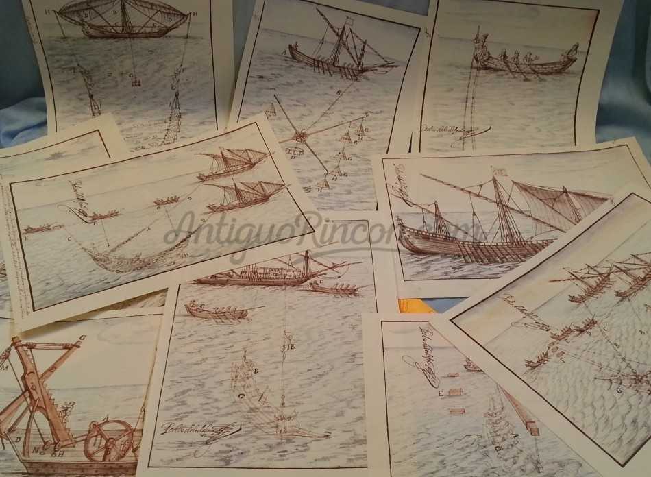 Láminas marítimas. Tratan sobre las diferentes artes de pesca en el mar. 10 escenas diferentes.