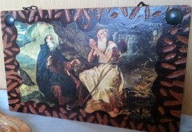 Lámina religiosa pintada sobre tabla de madera