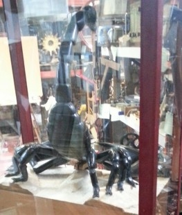 Escorpión gigante en vitrina de exposición. Escarabajo Emperador. Mide la vitrina casi 2 m de altura.