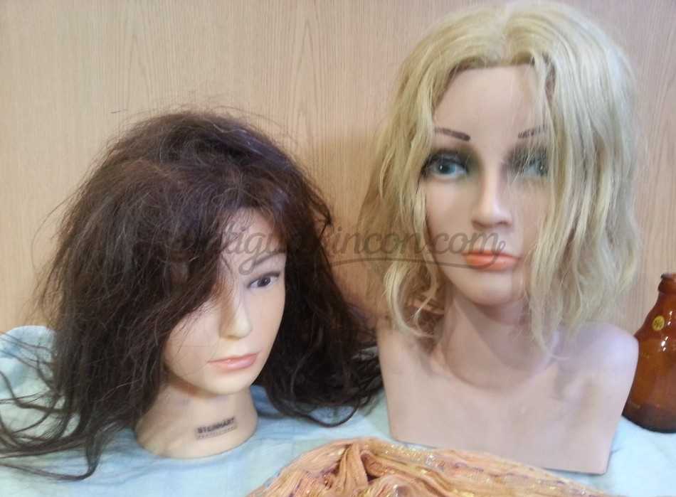 Cabezas de peluquería para aprender a peinar cabello. Pareja. Maniquís peluquero. Años 90