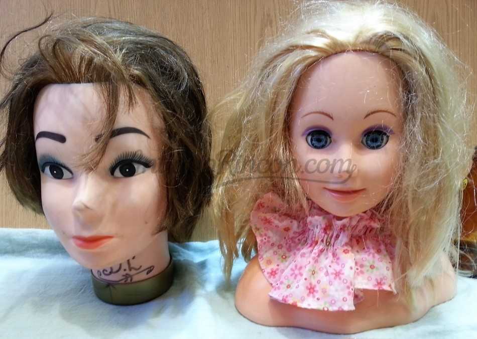 Cabezas de peluquería para aprender a peinar cabello. Pareja. Maniquís peluquero. Años 90