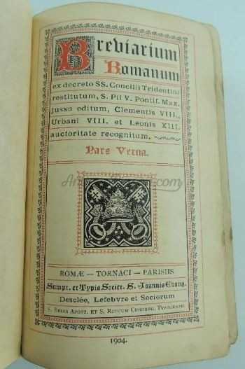 Libro religioso. BREVIARIUM ROMANUM - PARS VERNA - AÑO 1904