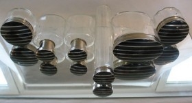 Tocador. Conjunto de 6 tarros para tocador en vidrio. Art Decó. Años 20