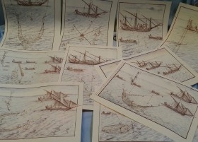 Láminas marítimas. Tratan sobre las diferentes artes de pesca en el mar. 12 escenas diferentes.