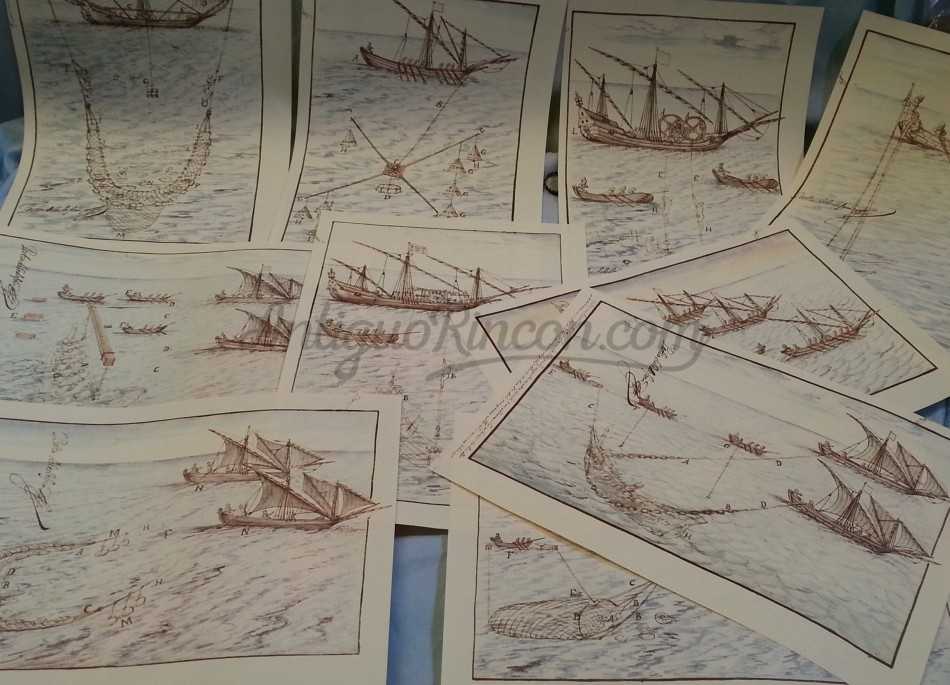 Láminas marítimas. Tratan sobre las diferentes artes de pesca en el mar. 12 escenas diferentes.