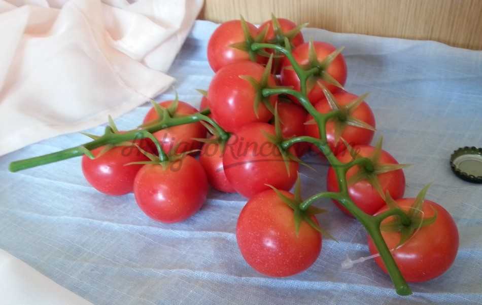 Tomates. Imitación de tomates en ramilletes. Pareja de razimos.