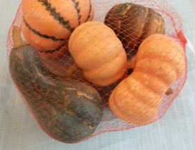 Calabaza. Bolsa de calabazas variadas. Imitación alimentos. 5 Unidades