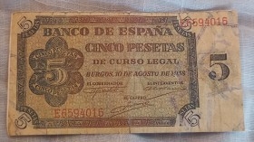 Pesetas. Billetes de 5 pesetas ficticios. Años 30.